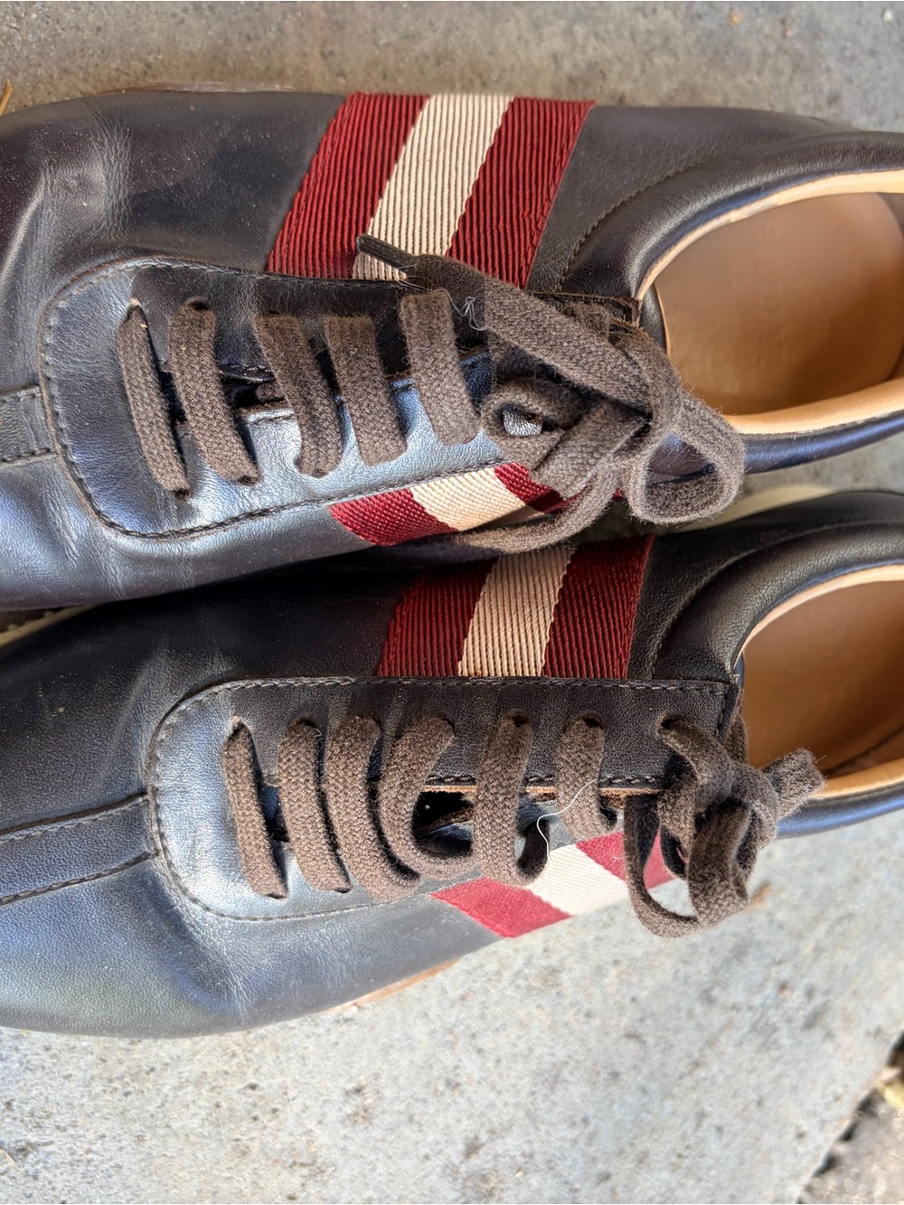 Bally Black Leather Sneakers with Red and Cream Stripes